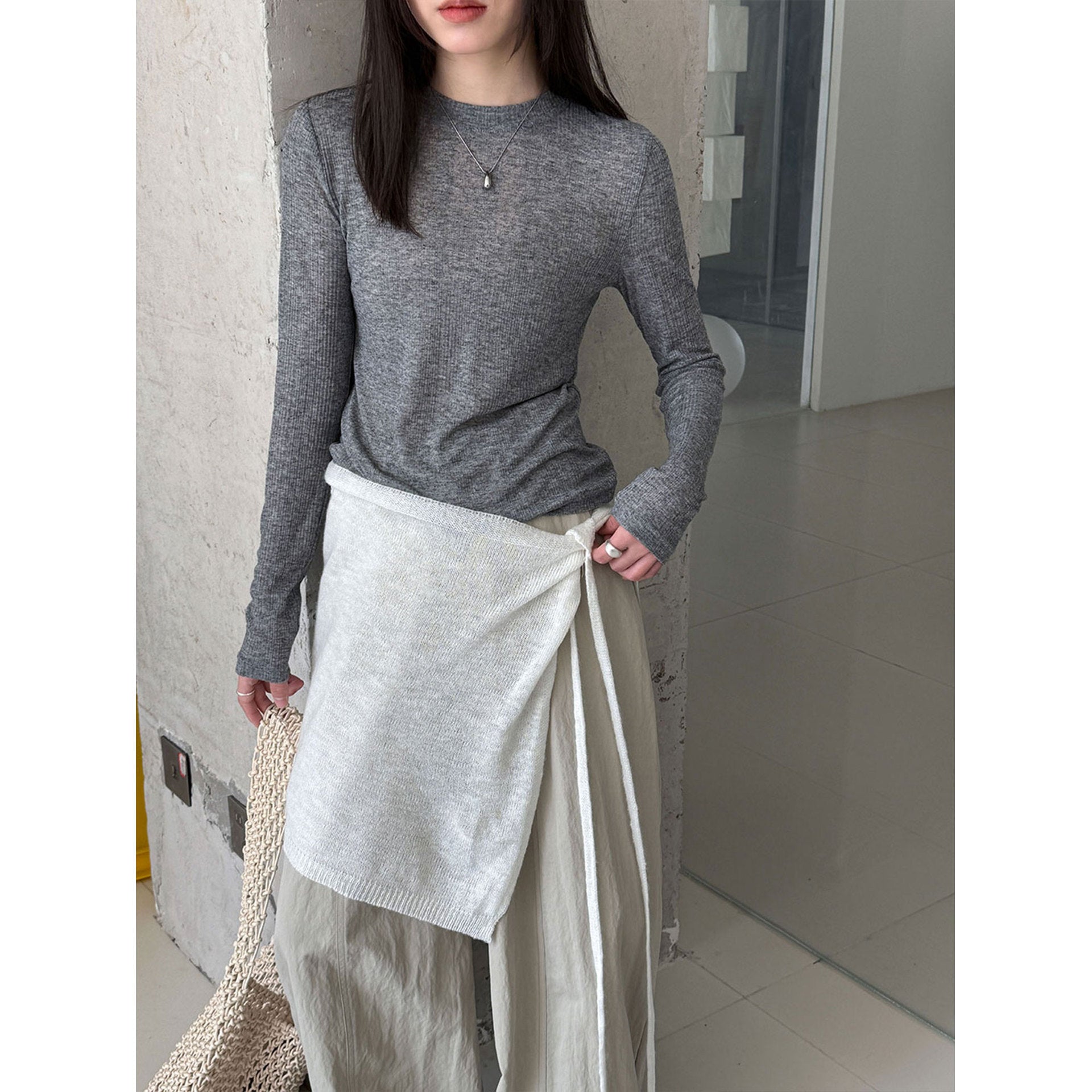 Deer West  sheer textured versatile women's undershirt, spring new commuting inner long sleeve T-shirt