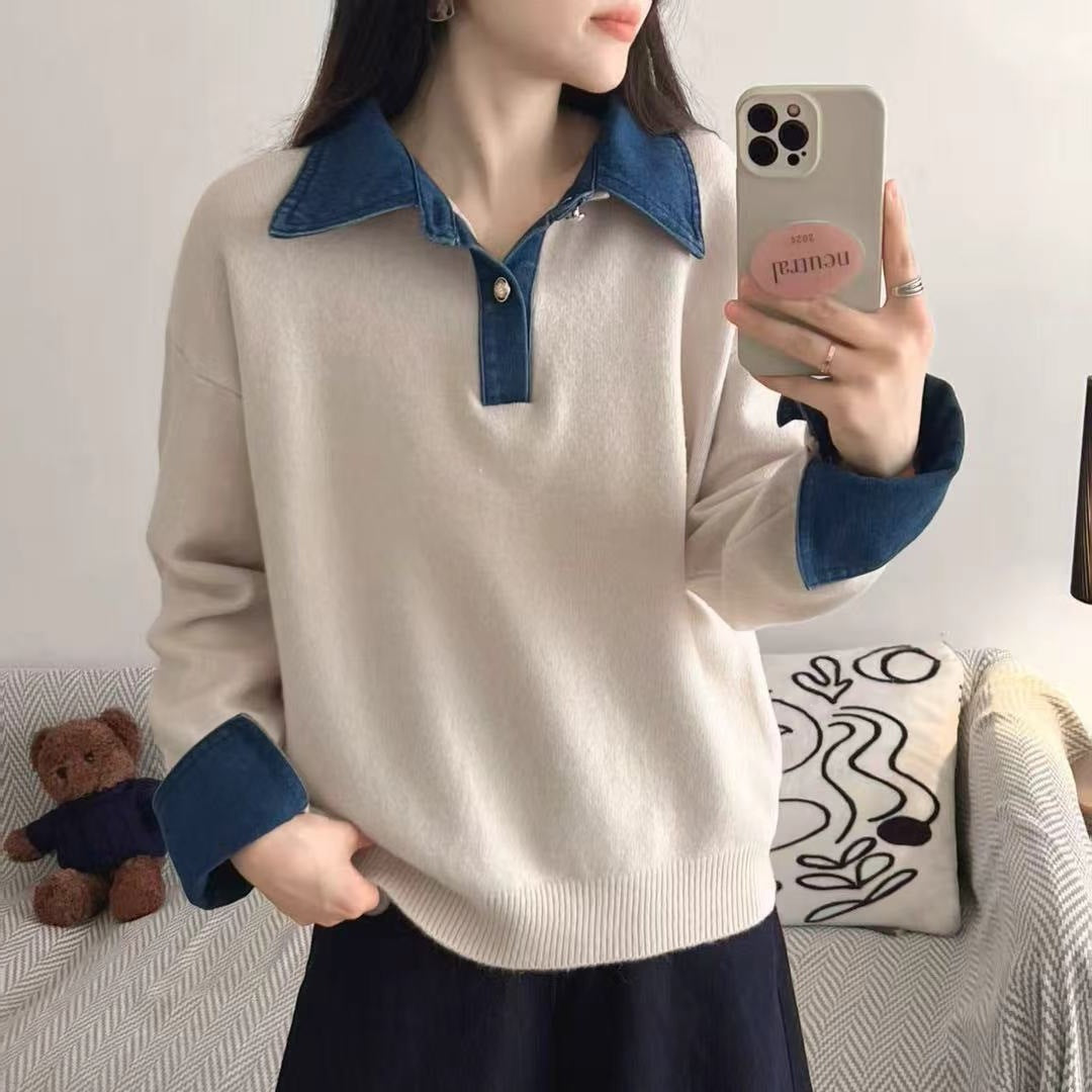 Color blocked denim patchwork polo collar long sleeved sweater for women