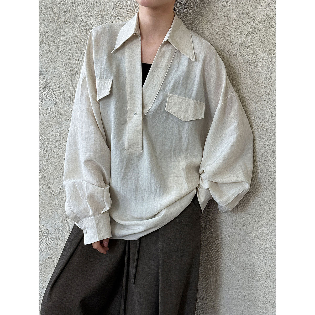 V-Neck Linen Shirt for Women, Long Sleeve, Autumn New Arrival, Elegant Blogger Loose Fit Design Blouse