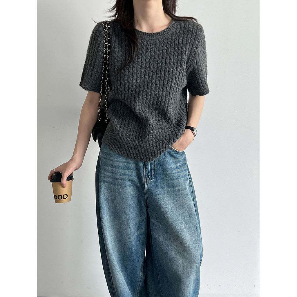 Cable Knit Short Sleeve Wool Round Neck T-Shirt for Women Slim Fit Top