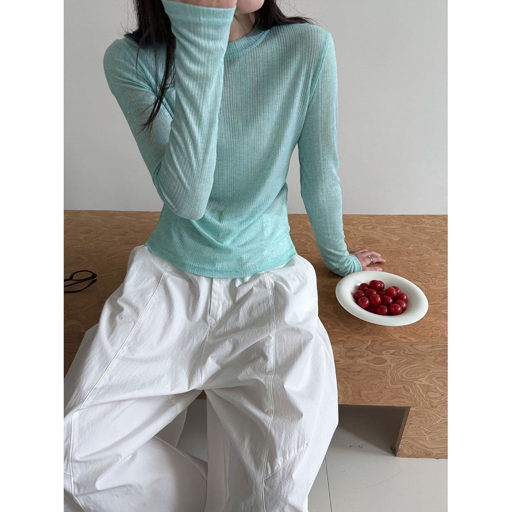 Deer West  sheer textured versatile women's undershirt, spring new commuting inner long sleeve T-shirt
