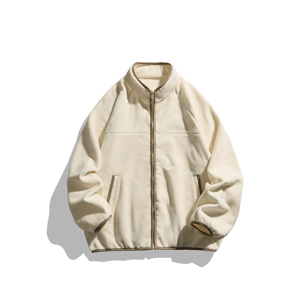 Color-Blocked Ribbed Collar Loose Fleece Jacket for Men