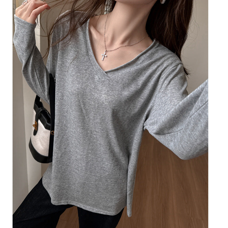 Relaxed long sleeve T-shirt for women, V-neck, snowflake cotton, inner wear or outer layer, straight shoulder, fashionable basic, loose fit, slimming top