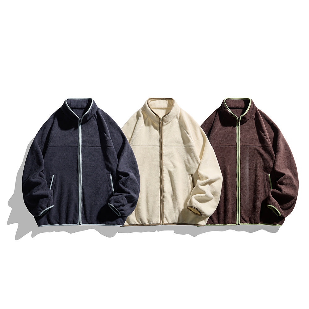 Color-Blocked Ribbed Collar Loose Fleece Jacket for Men