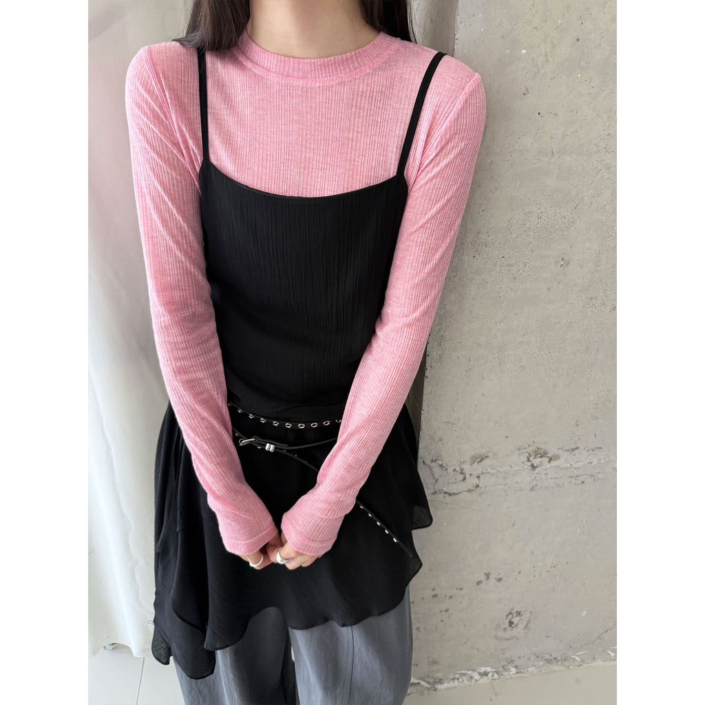 Deer West  sheer textured versatile women's undershirt, spring new commuting inner long sleeve T-shirt