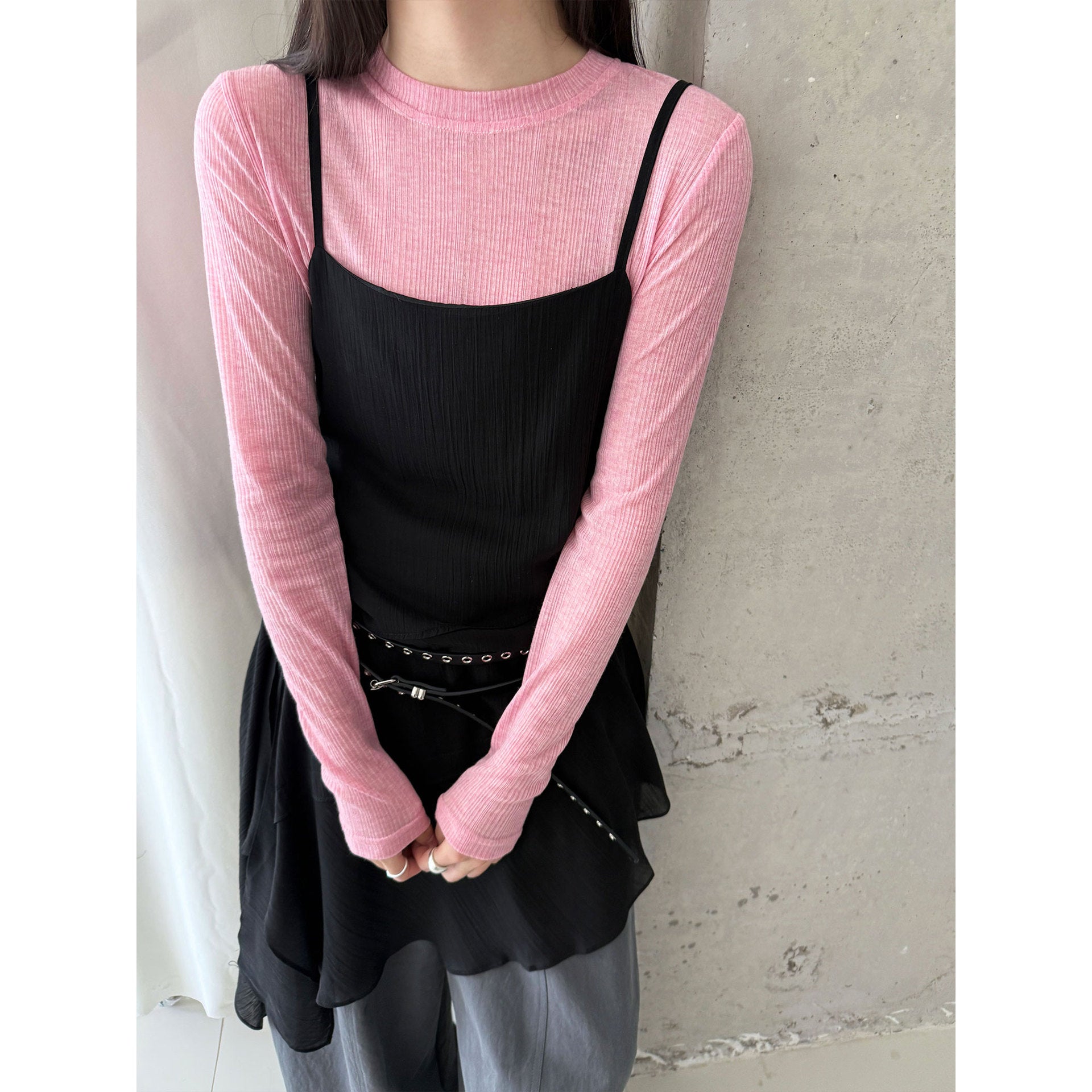 Deer West  sheer textured versatile women's undershirt, spring new commuting inner long sleeve T-shirt