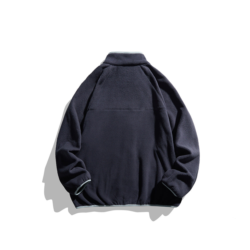 Color-Blocked Ribbed Collar Loose Fleece Jacket for Men