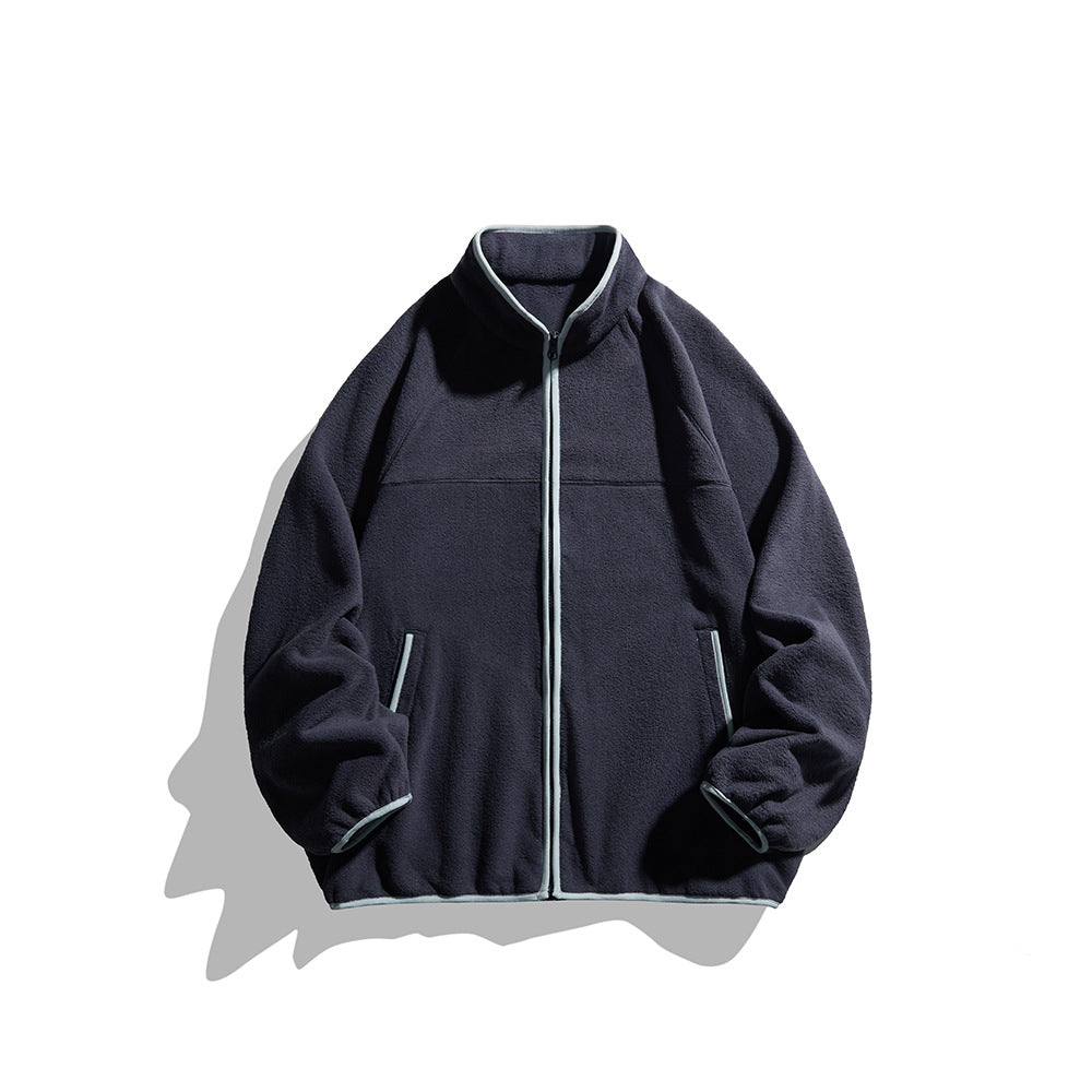 Color-Blocked Ribbed Collar Loose Fleece Jacket for Men