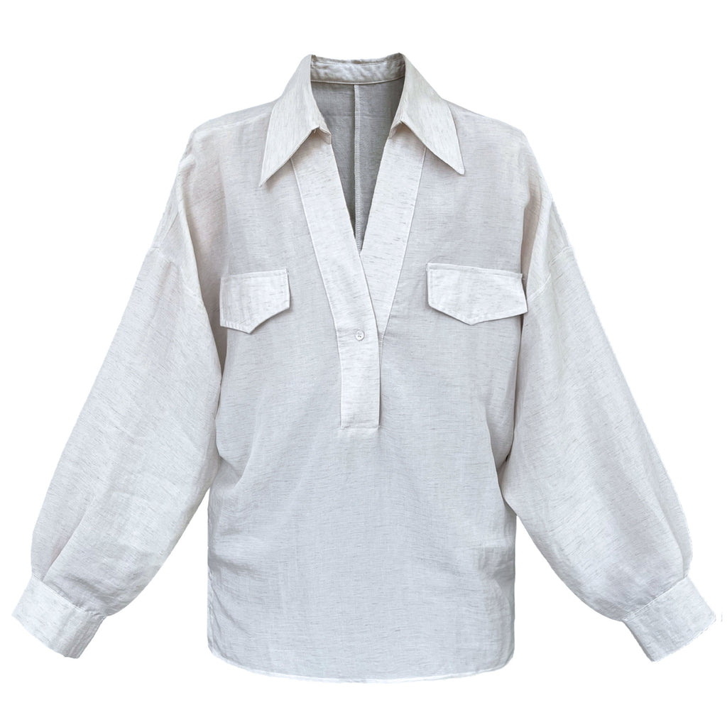V-Neck Linen Shirt for Women, Long Sleeve, Autumn New Arrival, Elegant Blogger Loose Fit Design Blouse