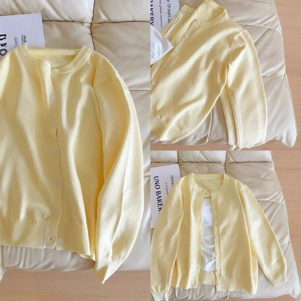 Soft Yellow Round Neck Long Sleeve Light Blue Knit Cardigan for Women Sweater Coat