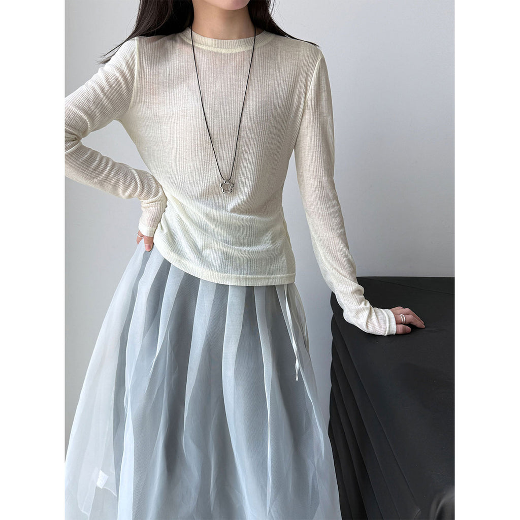Deer West  sheer textured versatile women's undershirt, spring new commuting inner long sleeve T-shirt