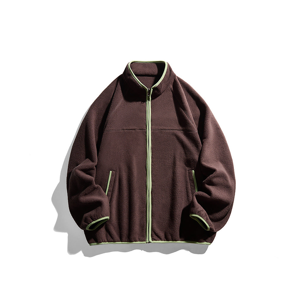 Color-Blocked Ribbed Collar Loose Fleece Jacket for Men